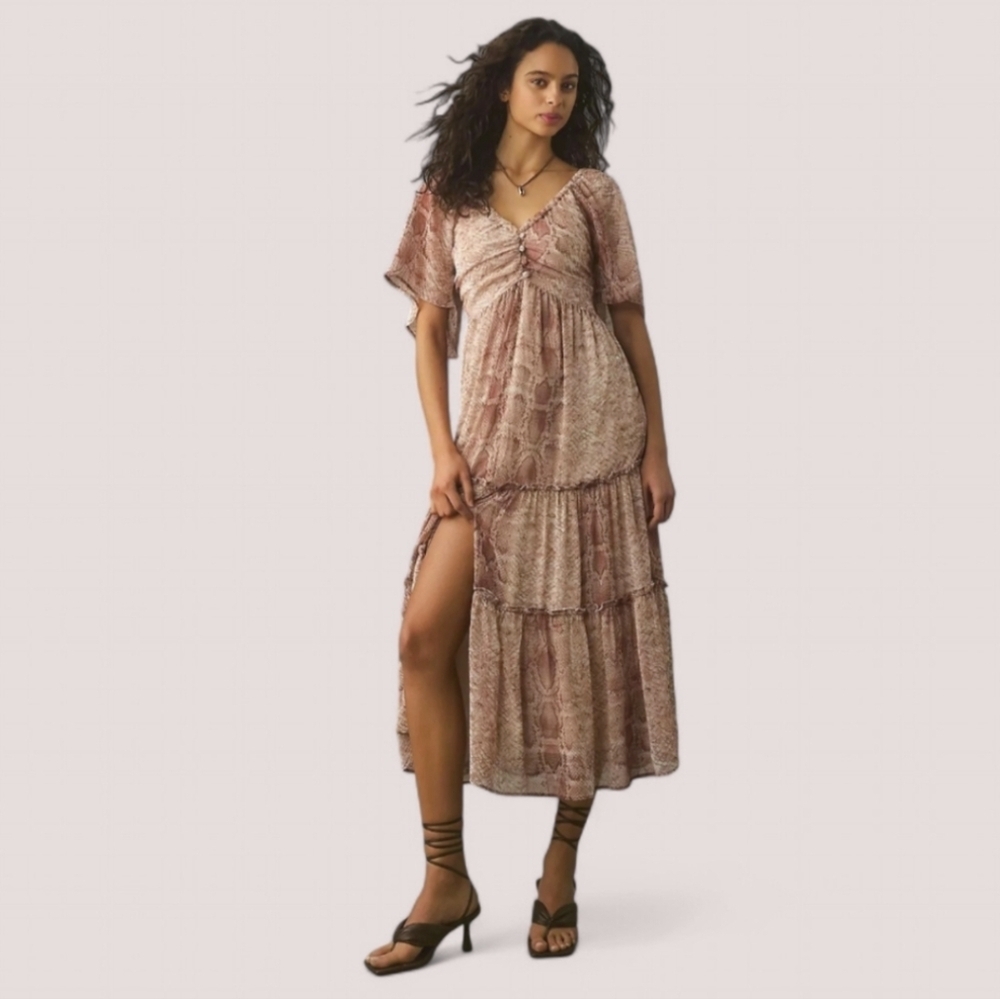 Anthropologie Kimono Flutter Sleeve V-neck Sheer Ruffled Tiered Midi Dress Sz M